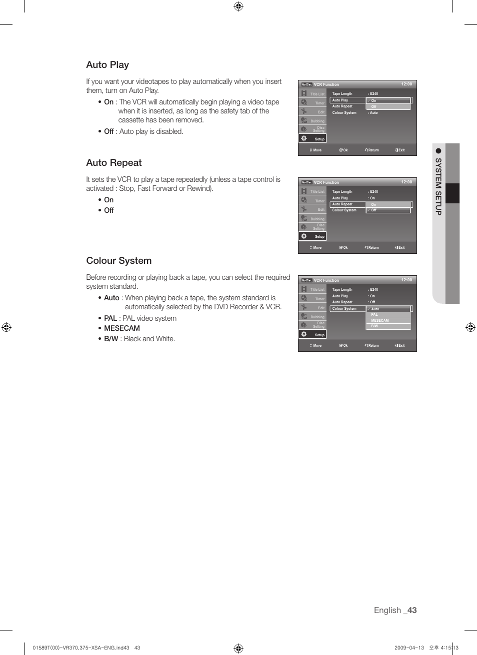 Auto play, Auto repeat, Colour system | English | Samsung DVD-VR375 User Manual | Page 43 / 85