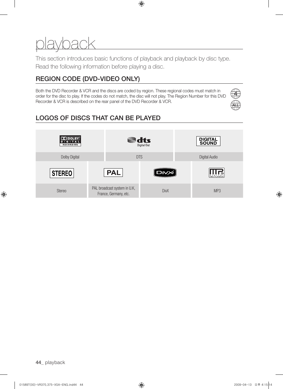 Playback, Region code (dvd-video only ), Logos of discs that can be played | Samsung DVD-VR375 User Manual | Page 44 / 85