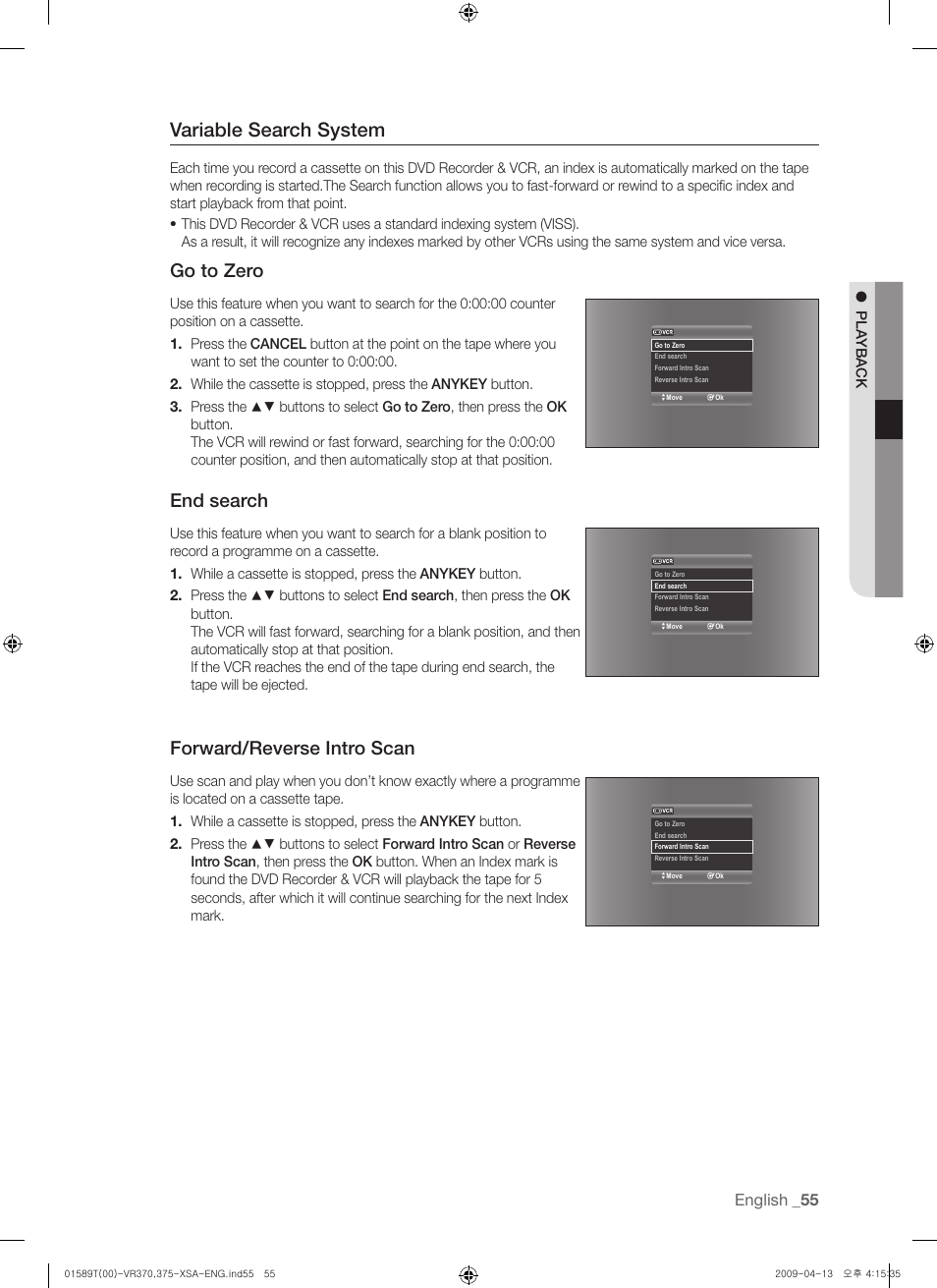 Variable search system, Go to zero, End search | Forward/reverse intro scan | Samsung DVD-VR375 User Manual | Page 55 / 85