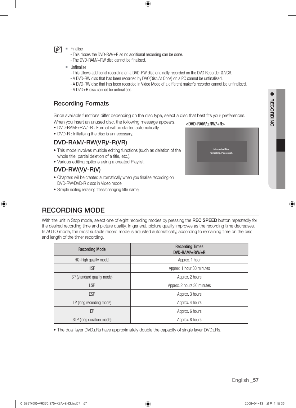 Recording mode, Recording formats, Dvd-ram/-rw(vr)/-r(vr) | Dvd-rw(v)/-r(v) | Samsung DVD-VR375 User Manual | Page 57 / 85