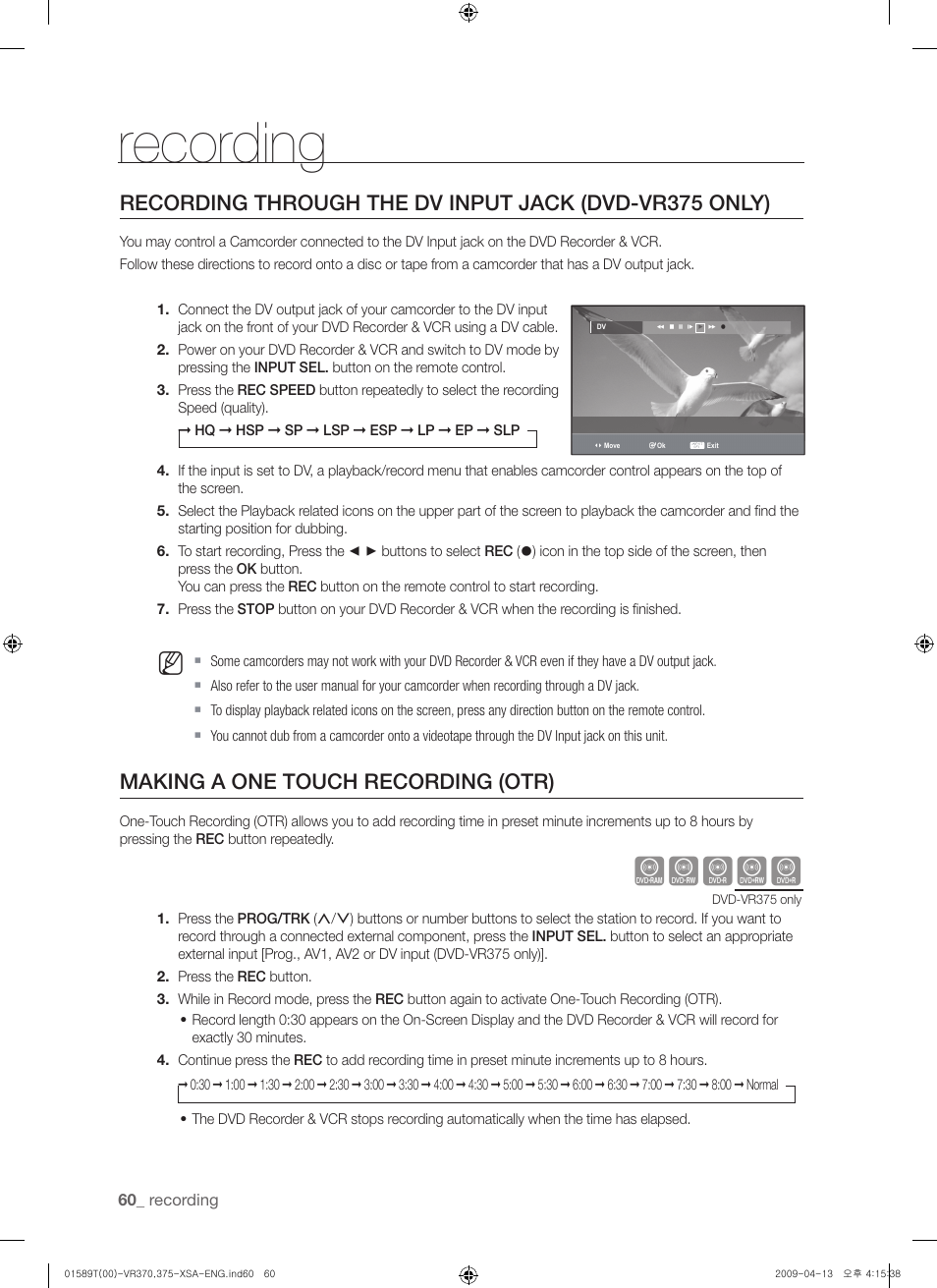 Recording through the dv input jack, Making a one touch recording (otr), Recording | Xcvkl | Samsung DVD-VR375 User Manual | Page 60 / 85