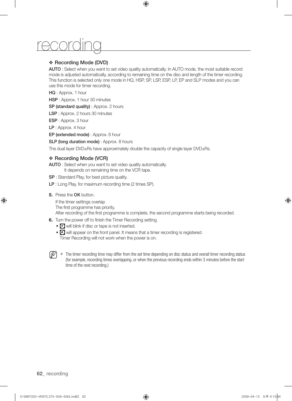 Recording | Samsung DVD-VR375 User Manual | Page 62 / 85