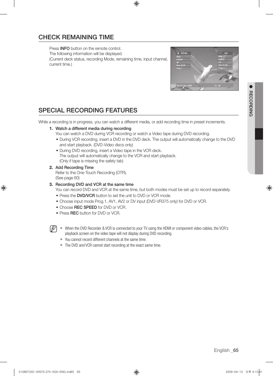 Check remaining time, Special recording features | Samsung DVD-VR375 User Manual | Page 65 / 85