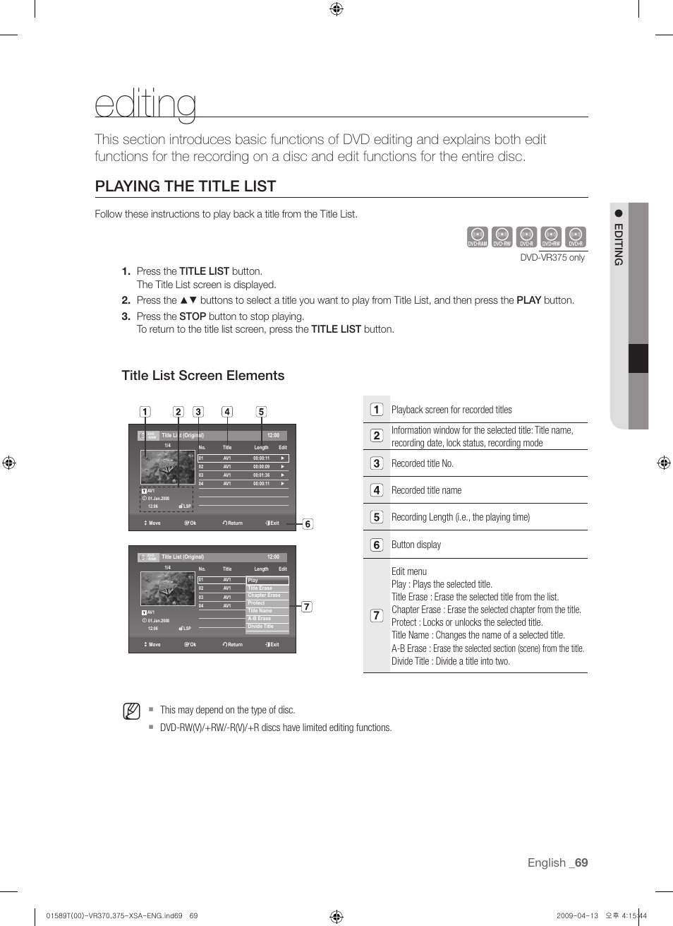 Editing, Playing the title list, Xcvkl | Title list screen elements, English, Ed it ing | Samsung DVD-VR375 User Manual | Page 69 / 85