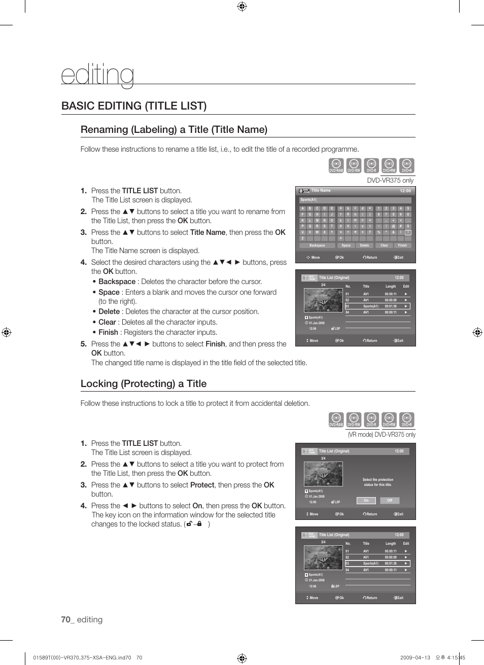 Basic editing (title list), Xcvkl, Renaming (labeling) a title (title name) | Locking (protecting) a title, Editing, Dvd-vr375 only, Vr mode) dvd-vr375 only | Samsung DVD-VR375 User Manual | Page 70 / 85