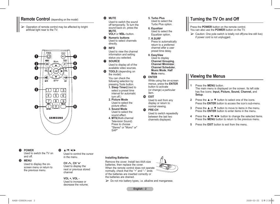 Turning the tv on and off, Viewing the menus, Remote control | Samsung 2AE0 User Manual | Page 2 / 8