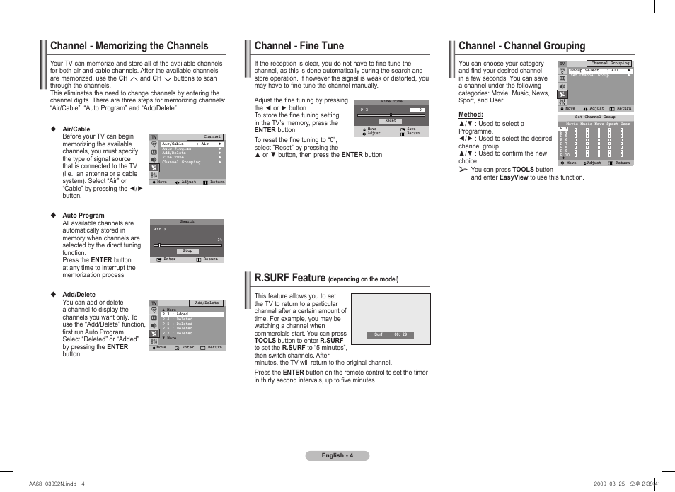 Channel - fine tune, Channel - channel grouping, R.surf feature | Samsung 2AE0 User Manual | Page 4 / 8