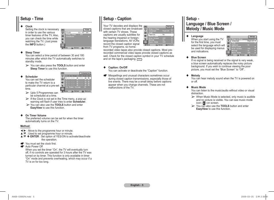 Setup - time, Setup - caption | Samsung 2AE0 User Manual | Page 5 / 8