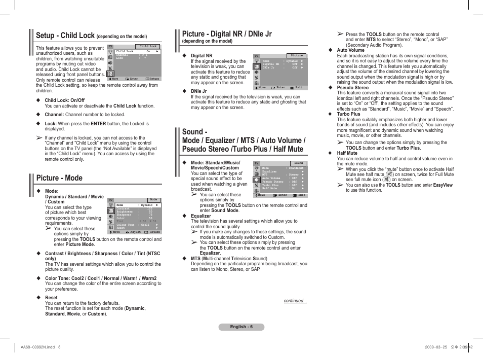 Picture - mode, Setup - child lock, Picture - digital nr / dnie jr | Samsung 2AE0 User Manual | Page 6 / 8