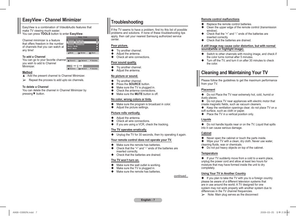 Troubleshooting, Cleaning and maintaining your tv, Easyview - channel minimizer | Samsung 2AE0 User Manual | Page 7 / 8