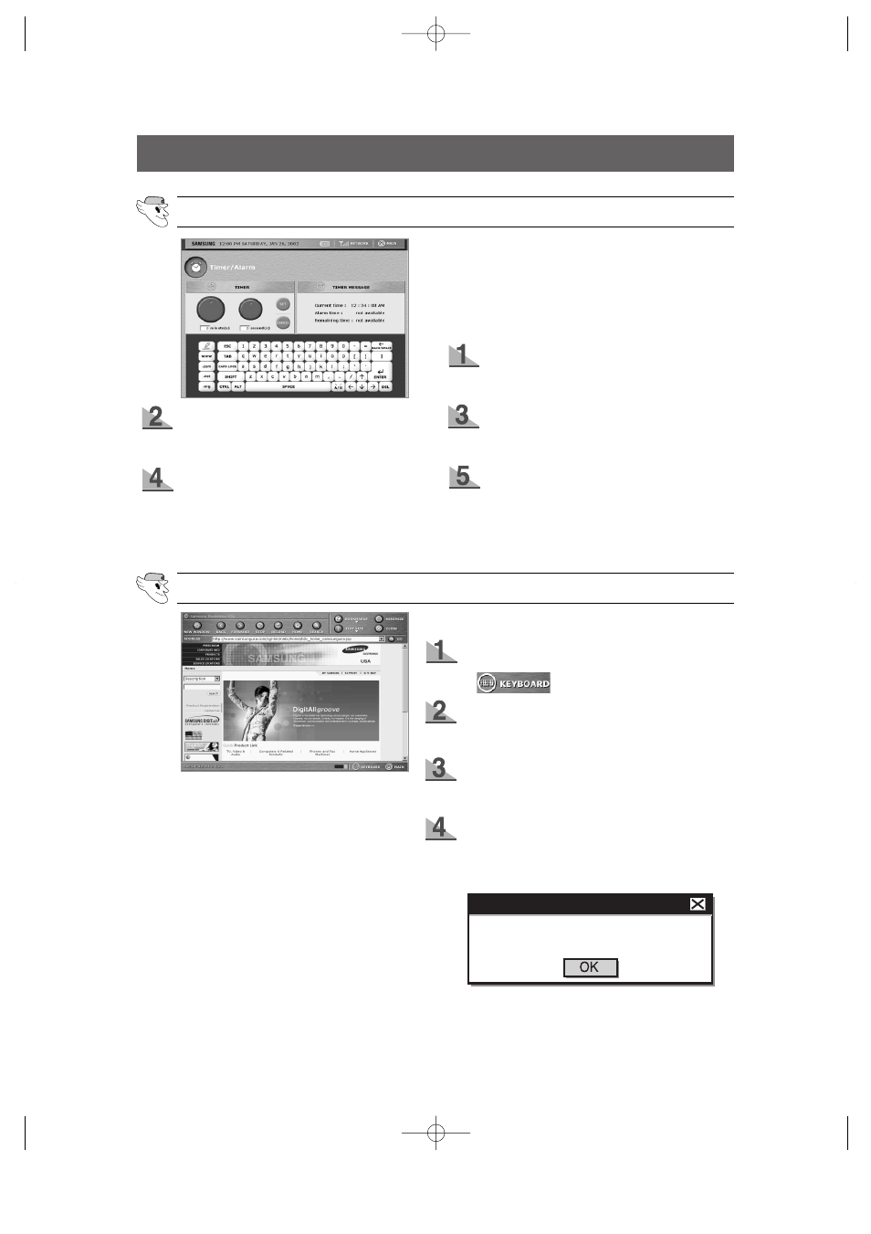 User interface, Timer / alarm, Internet access (1) | Samsung HomePAD RH2777AT User Manual | Page 41 / 61