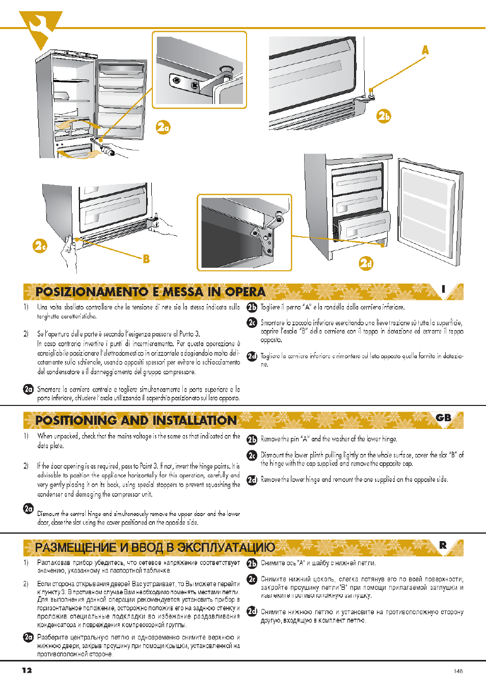 Posizionamento e messa in opera, Positioning and installati^g | Ardo CO3012A User Manual | Page 12 / 36