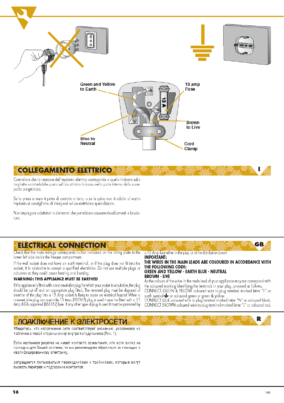 Лоаключение к электросети, Collegamento elettrico, Éltctrical connection | Ardo CO3012A User Manual | Page 16 / 36