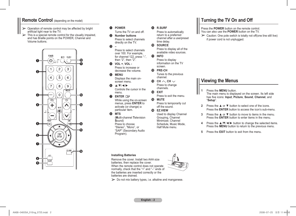 Remote control (depending on the model), Turning the tv on and off, Viewing the menus | Remote control | Samsung 2Z58 User Manual | Page 2 / 8