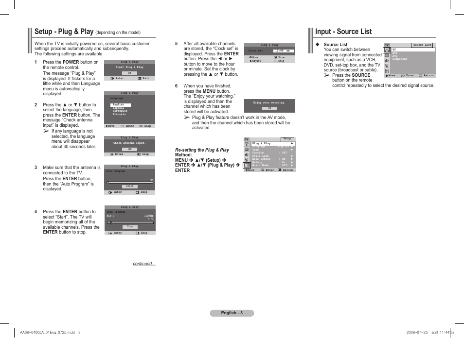 Setup - plug & play (depending on the model), Input - source list, Setup - plug & play | Samsung 2Z58 User Manual | Page 3 / 8