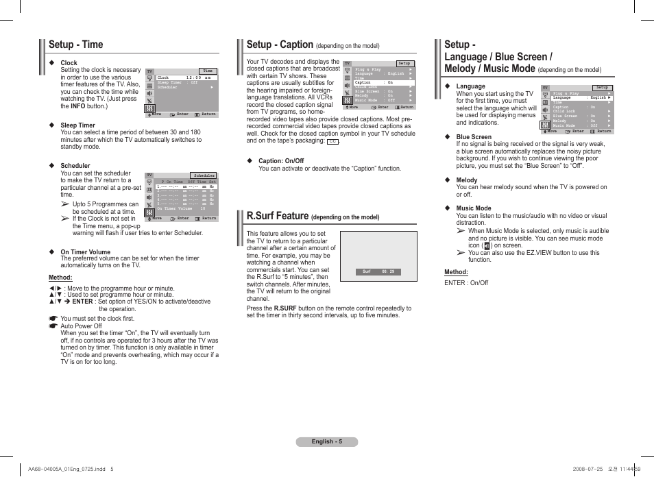 Setup - time, Setup - caption (depending on the model), Setup - caption | R.surf feature | Samsung 2Z58 User Manual | Page 5 / 8