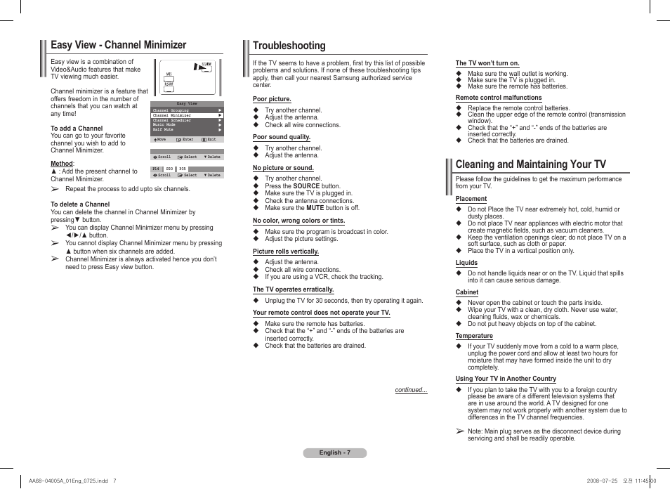 Easy view - channel minimizer, Troubleshooting, Cleaning and maintaining your tv | Samsung 2Z58 User Manual | Page 7 / 8