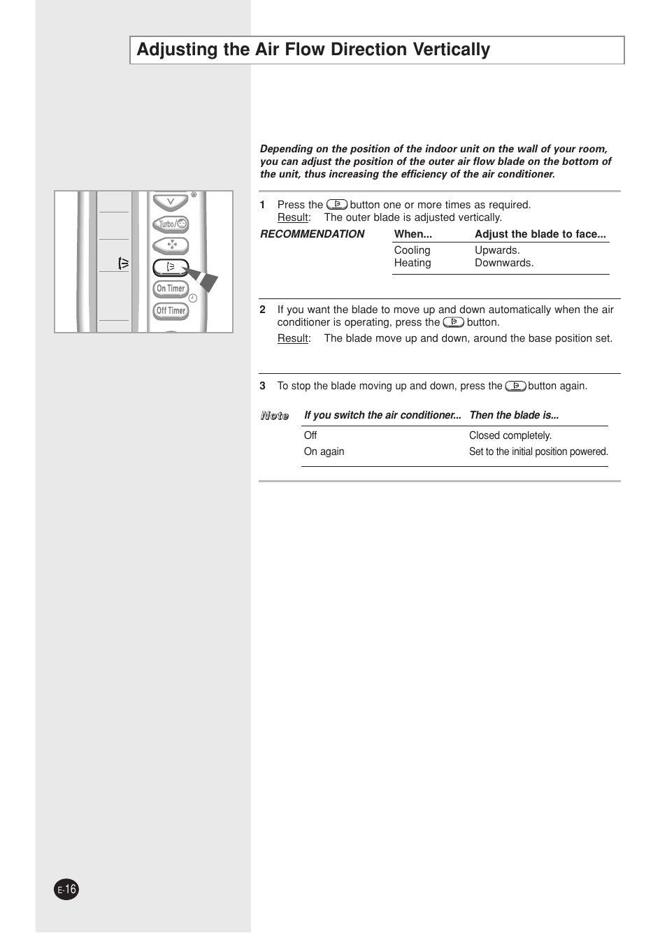 Adjusting the air flow direction vertically | Samsung AQ09A5(6)MAF User Manual | Page 16 / 28