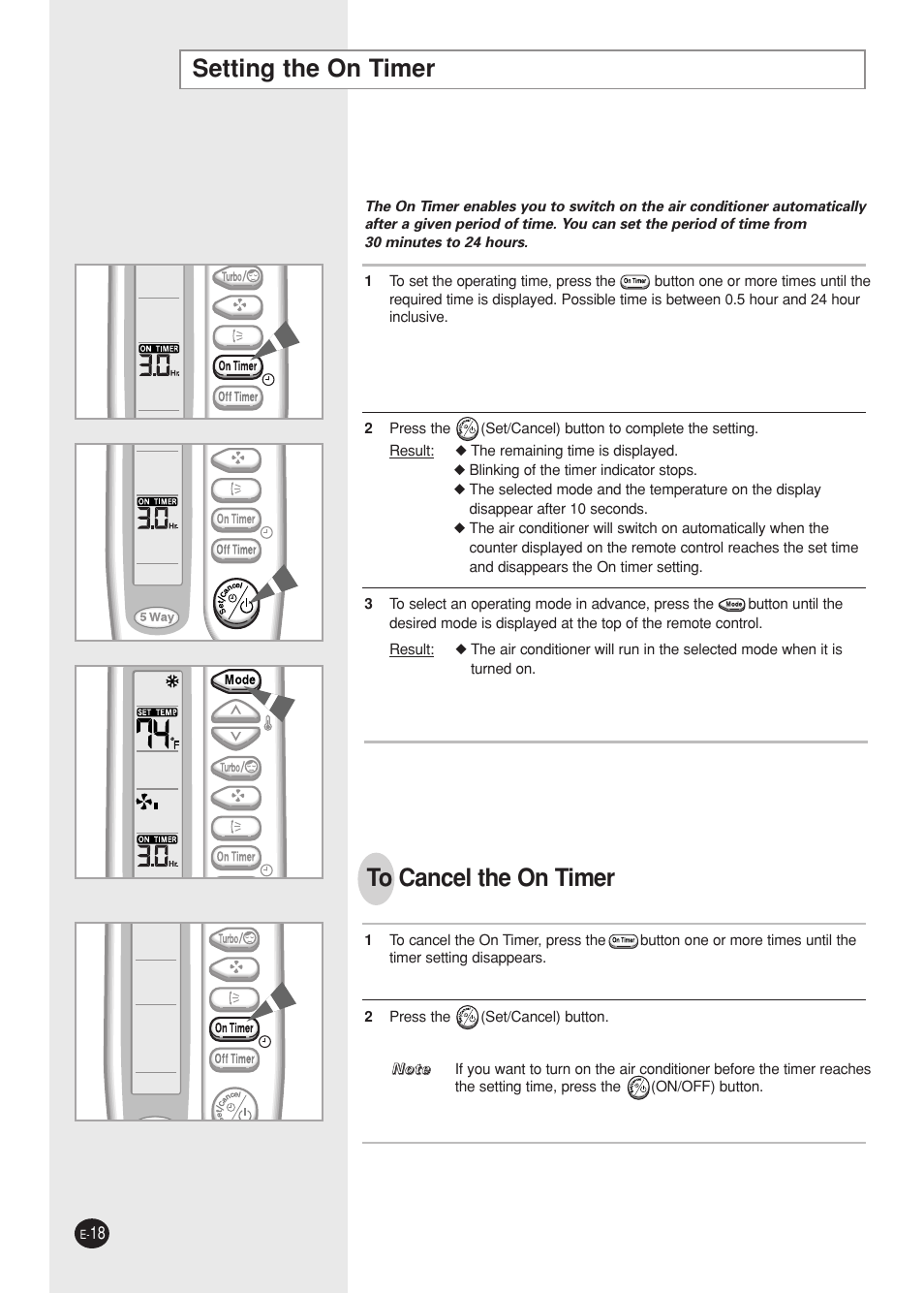 Setting the on timer | Samsung AQ09A5(6)MAF User Manual | Page 18 / 28