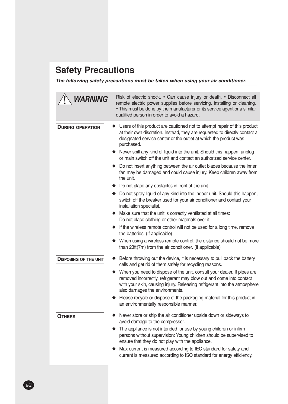 Safety precautions, Warning | Samsung AQ09A5(6)MAF User Manual | Page 2 / 28