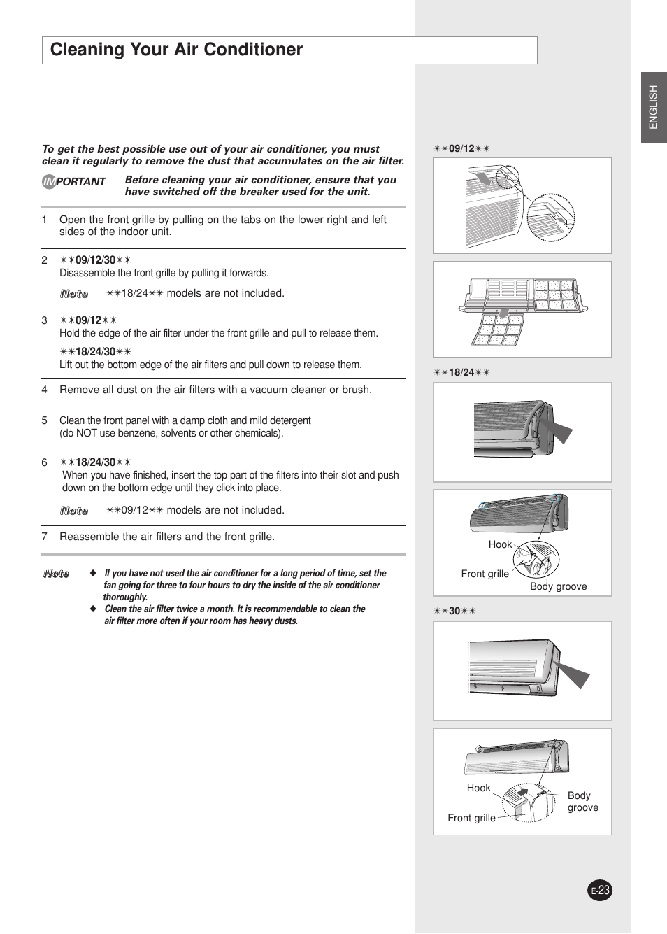 Cleaning your air conditioner | Samsung AQ09A5(6)MAF User Manual | Page 23 / 28