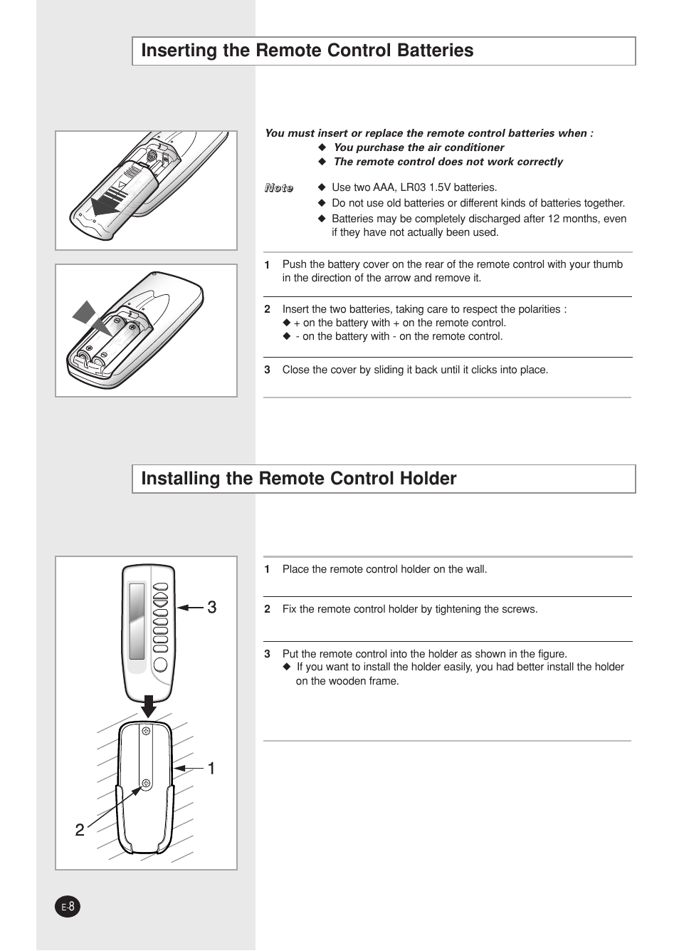 Inserting the remote control batteries, Installing the remote control holder | Samsung AQ09A5(6)MAF User Manual | Page 8 / 28