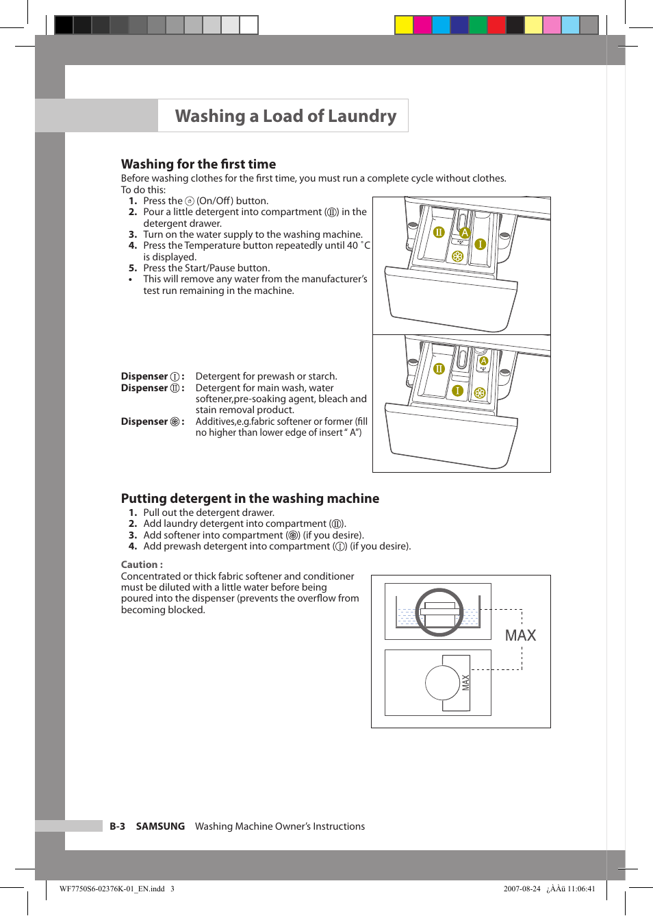 Washing a load of laundry, Washing for the ﬁrst time, Putting detergent in the washing machine | Samsung WF7758S6 User Manual | Page 12 / 24