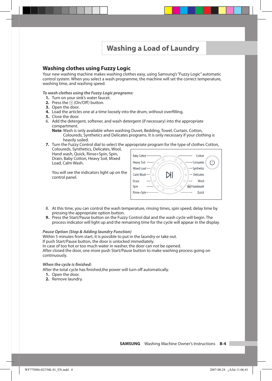 Washing a load of laundry, Washing clothes using fuzzy logic | Samsung WF7758S6 User Manual | Page 13 / 24