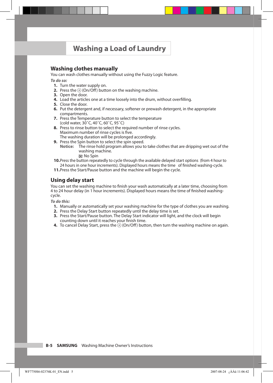 Washing a load of laundry, Washing clothes manually, Using delay start | Samsung WF7758S6 User Manual | Page 14 / 24