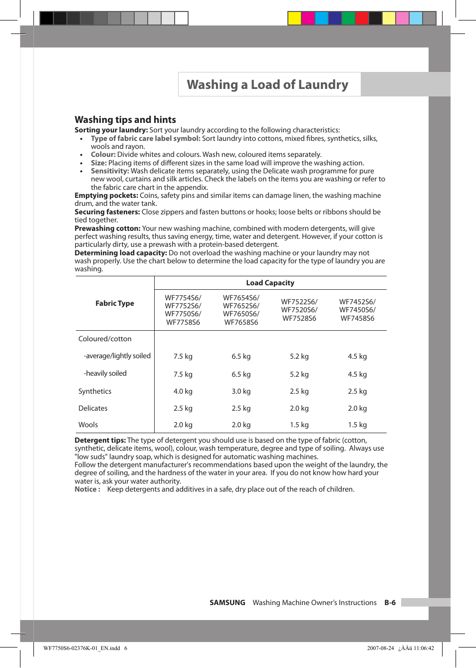 Washing a load of laundry, Washing tips and hints | Samsung WF7758S6 User Manual | Page 15 / 24