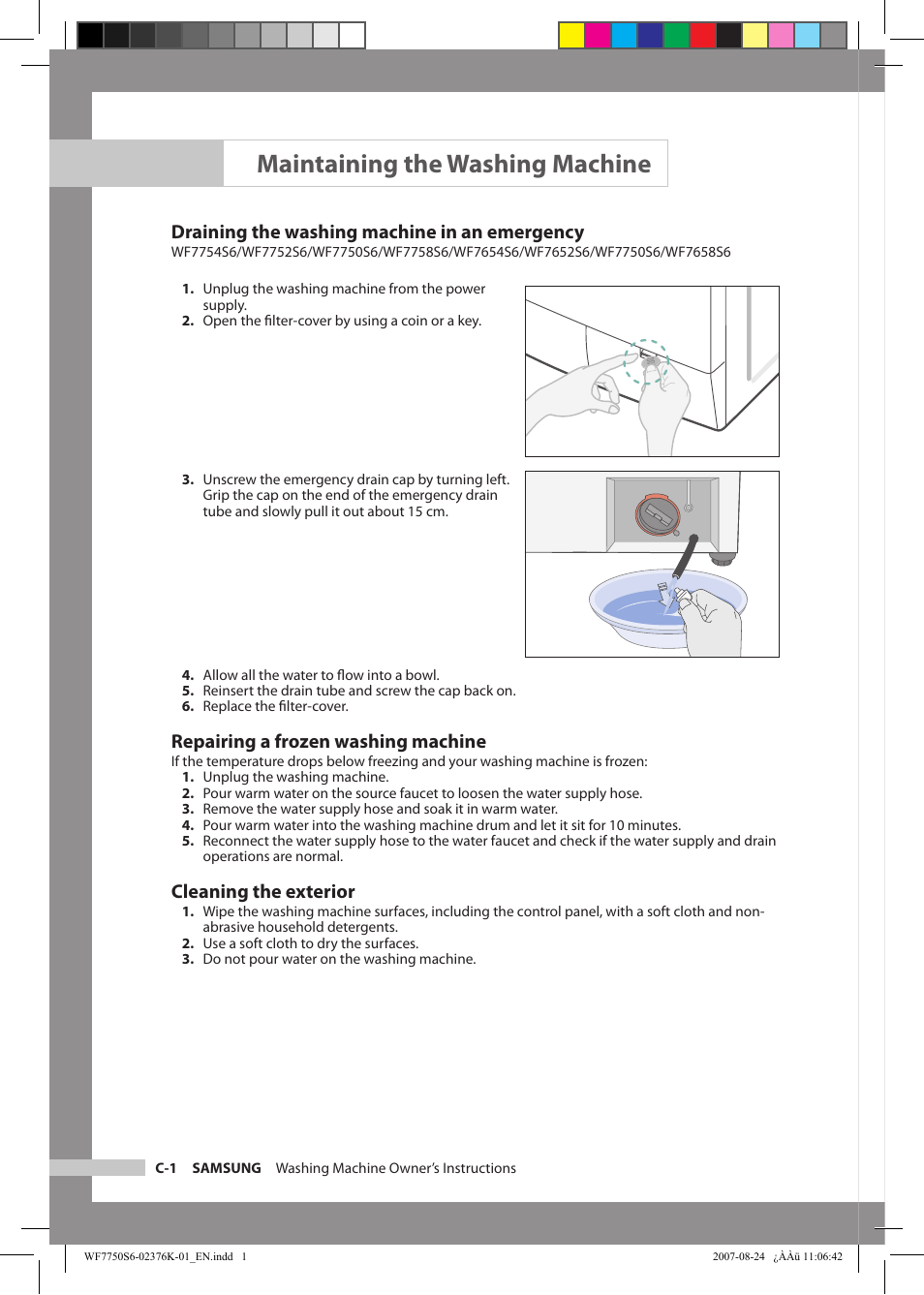 Maintaining the washing machine, Draining the washing machine in an emergency, Repairing a frozen washing machine | Cleaning the exterior | Samsung WF7758S6 User Manual | Page 16 / 24