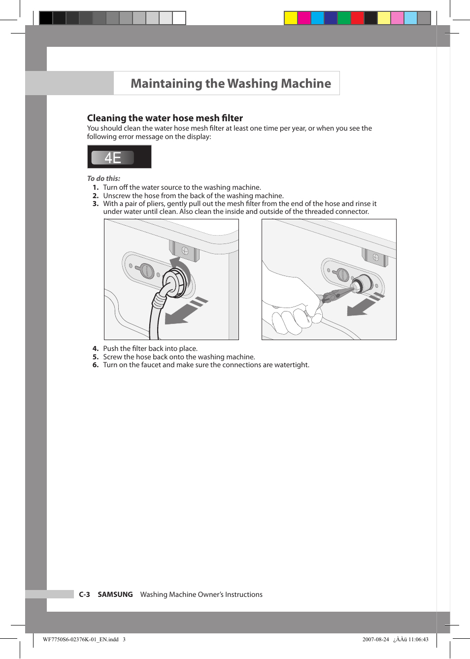 Maintaining the washing machine, Cleaning the water hose mesh ﬁlter | Samsung WF7758S6 User Manual | Page 18 / 24