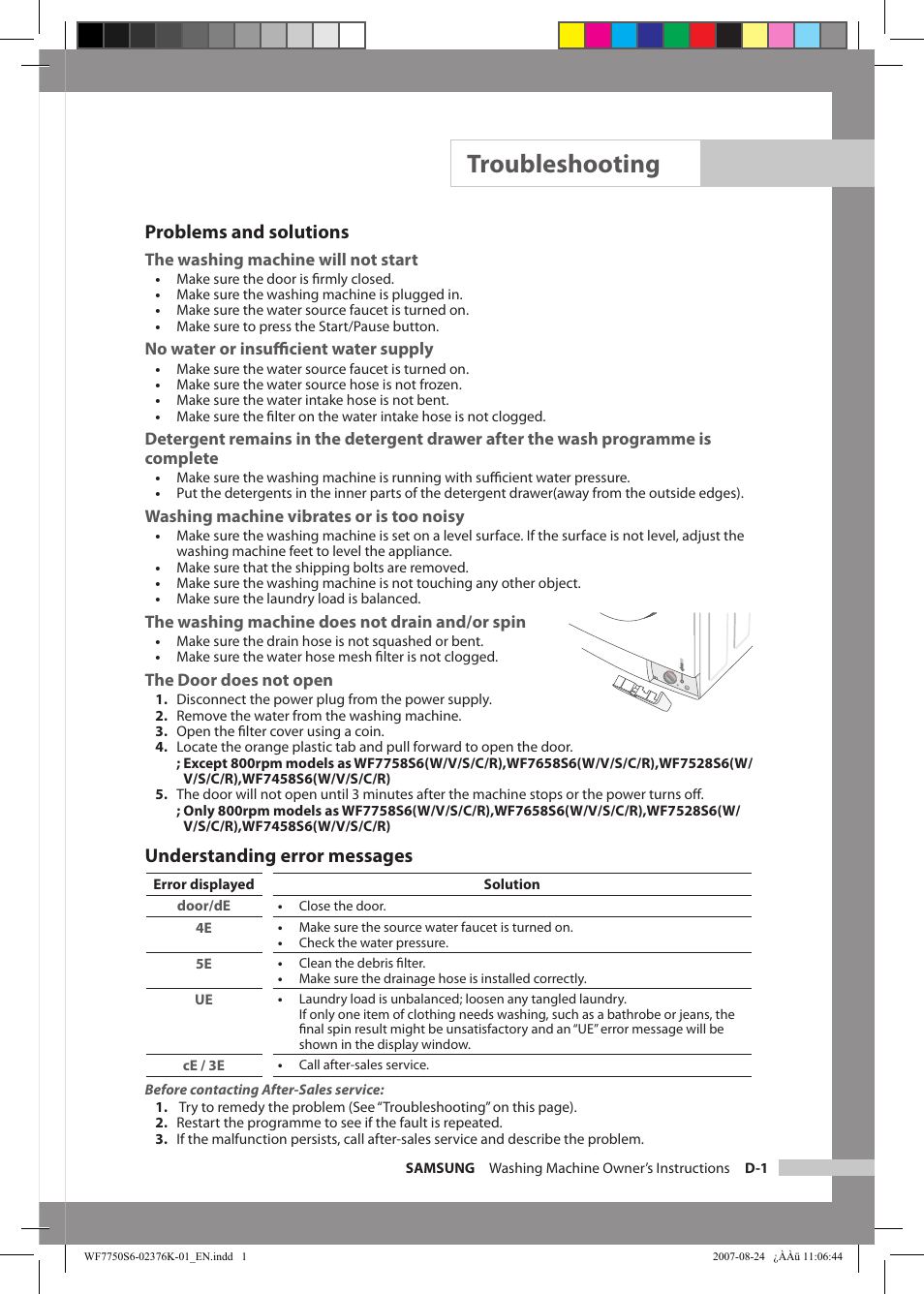 Troubleshooting, Problems and solutions, Understanding error messages | Samsung WF7758S6 User Manual | Page 19 / 24