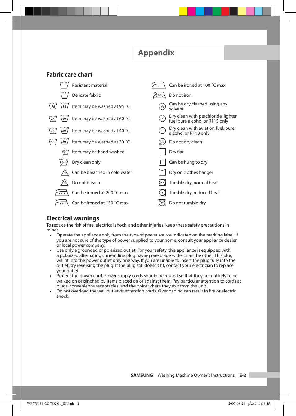 Appendix, Fabric care chart, Electrical warnings | Samsung WF7758S6 User Manual | Page 21 / 24