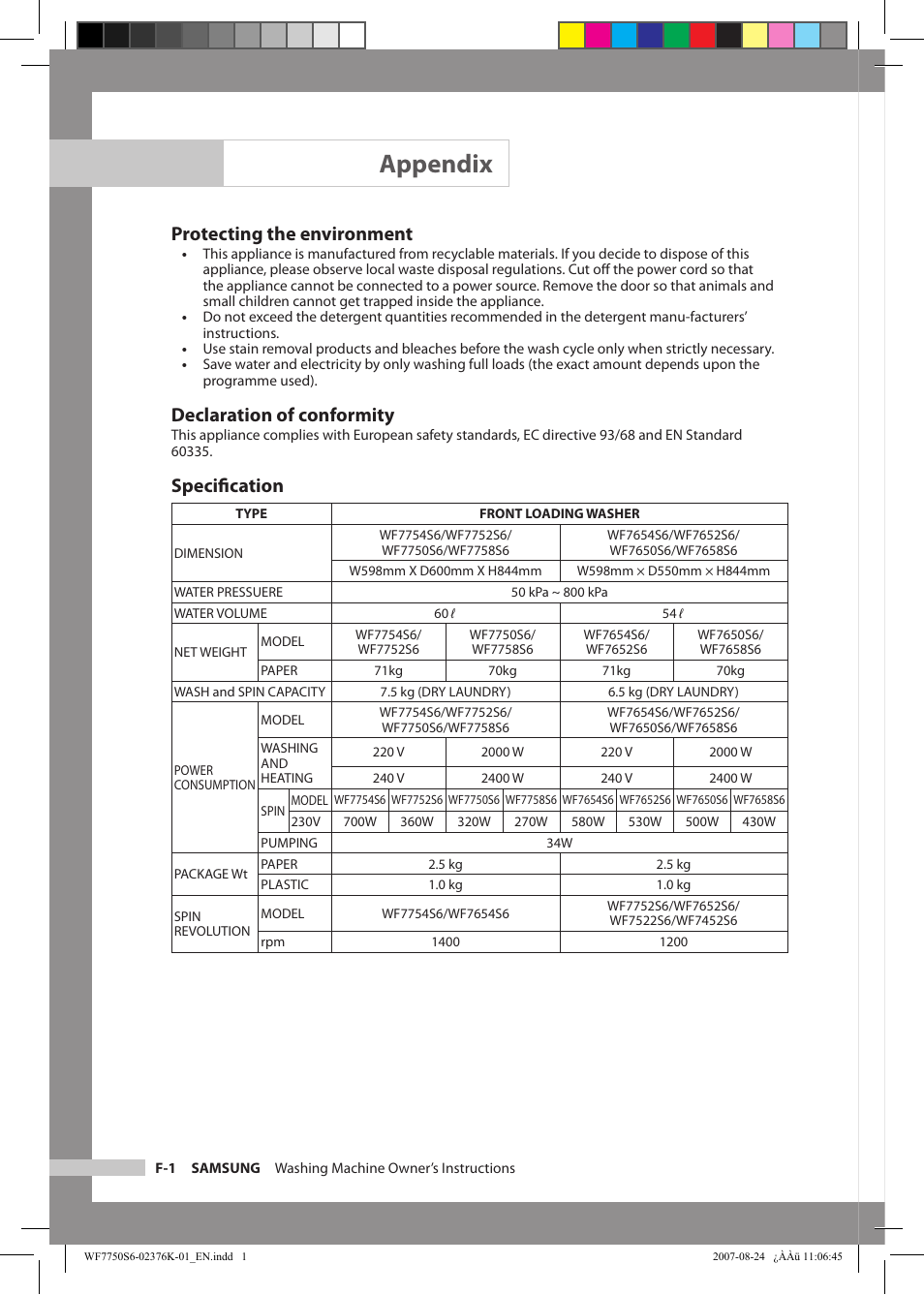 Appendix, Protecting the environment, Declaration of conformity | Speciﬁcation | Samsung WF7758S6 User Manual | Page 22 / 24