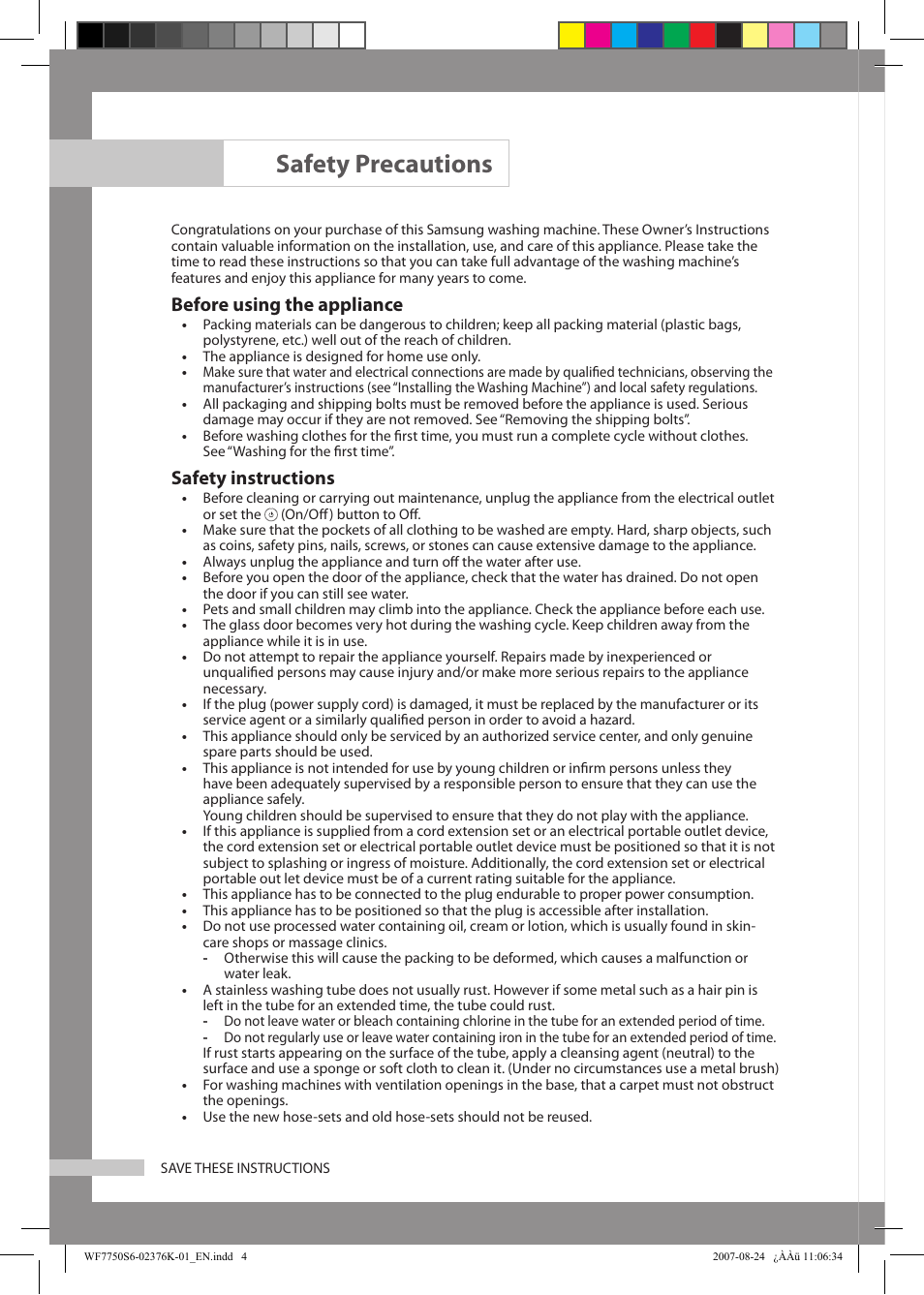 Safety precautions, Before using the appliance, Safety instructions | Samsung WF7758S6 User Manual | Page 4 / 24