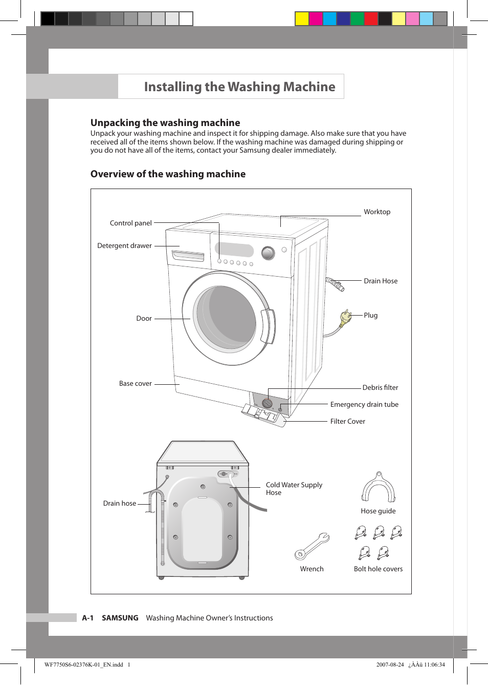 Installing the washing machine, Unpacking the washing machine, Overview of the washing machine | Samsung WF7758S6 User Manual | Page 6 / 24