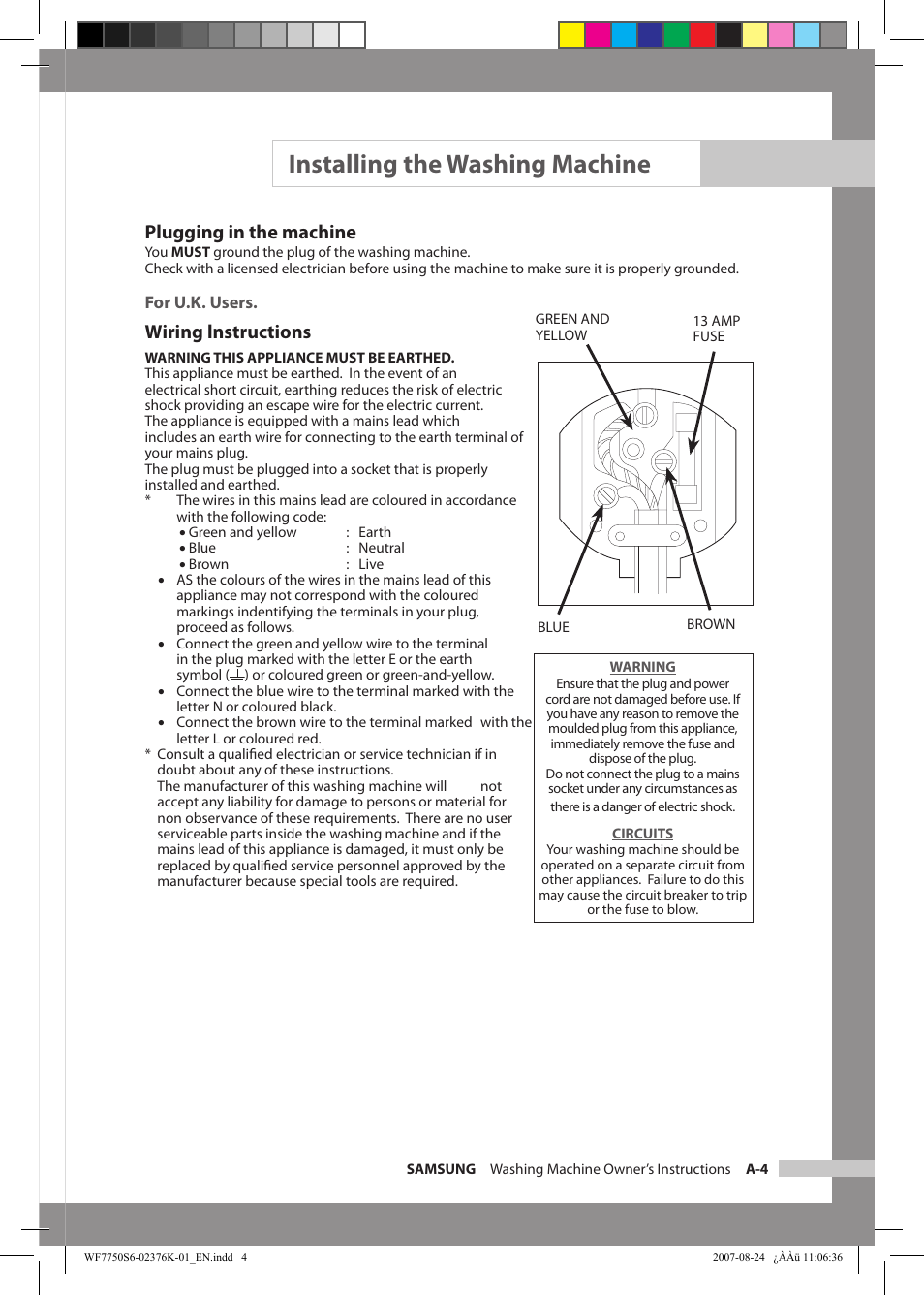 Installing the washing machine, Plugging in the machine, Wiring lnstructions | Samsung WF7758S6 User Manual | Page 9 / 24