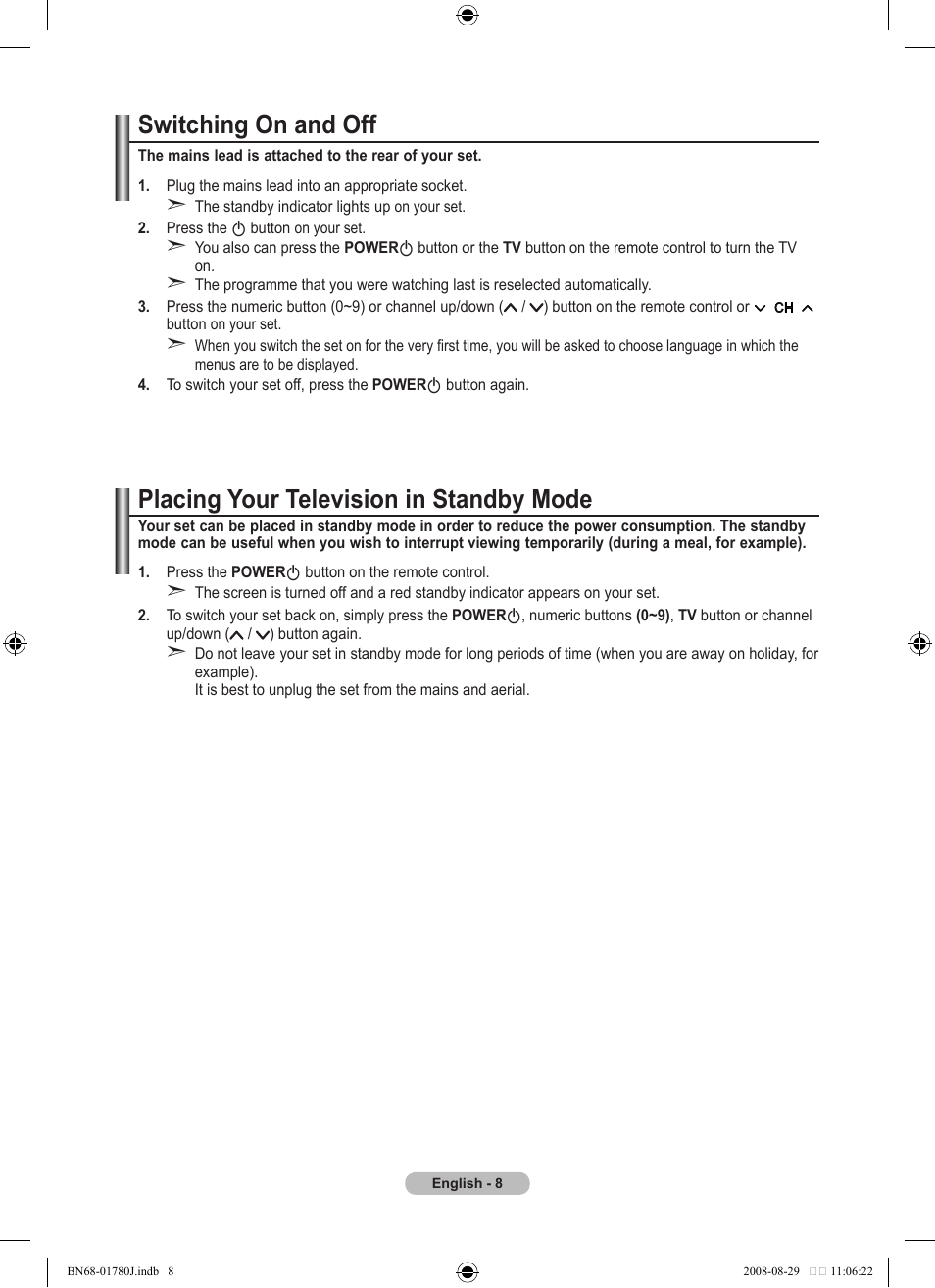 Switching on and off, Placing your television in standby mode | Samsung BN68-01780J-00 User Manual | Page 10 / 79