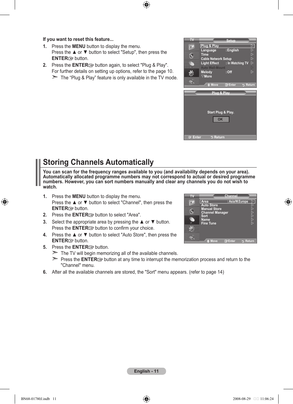Setting the chanels, Storing channels automatically | Samsung BN68-01780J-00 User Manual | Page 13 / 79