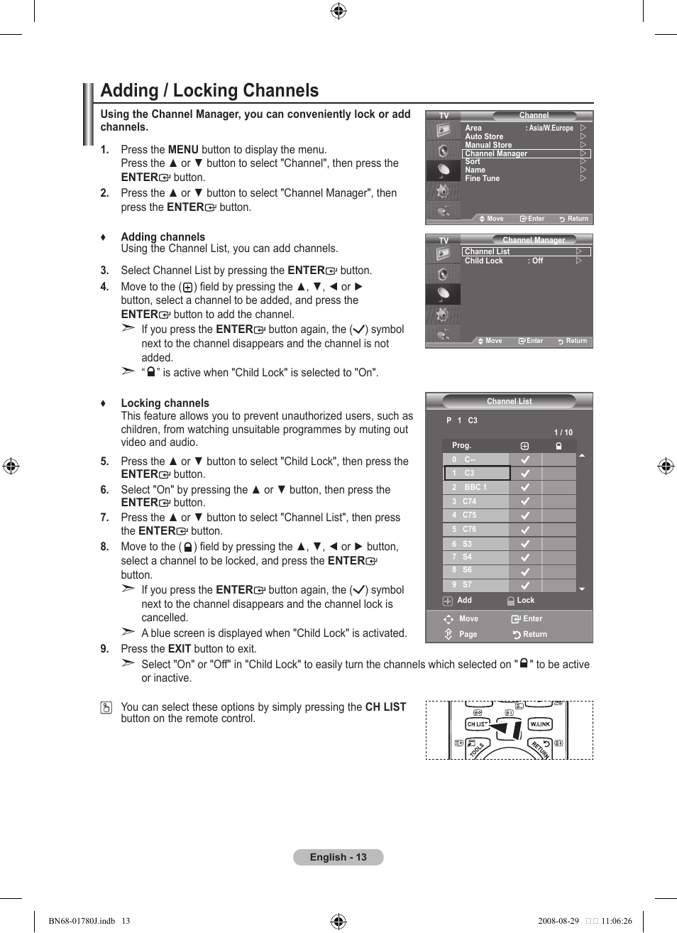 Adding / locking channels | Samsung BN68-01780J-00 User Manual | Page 15 / 79