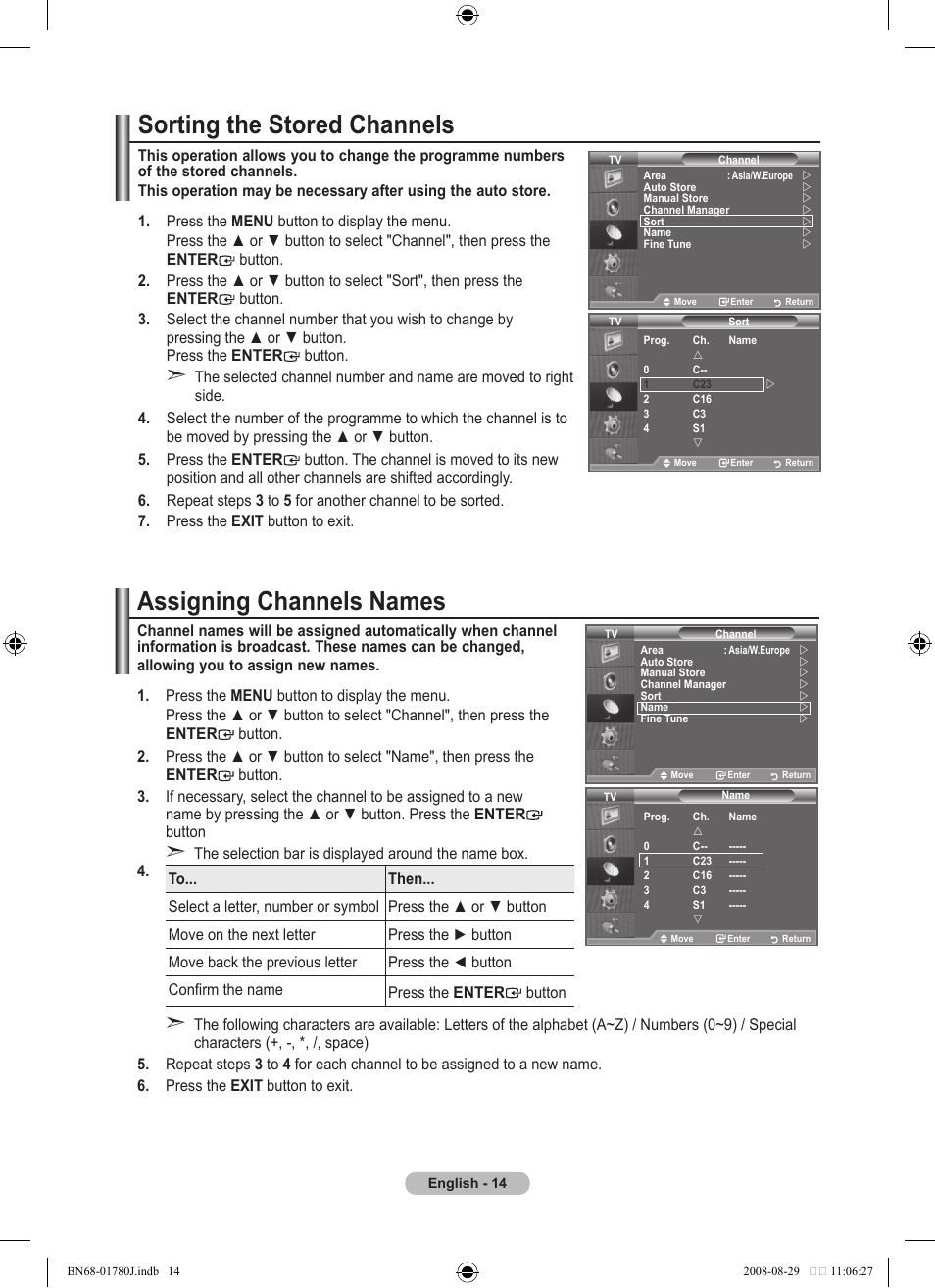 Sorting the stored channels, Assigning channels names | Samsung BN68-01780J-00 User Manual | Page 16 / 79