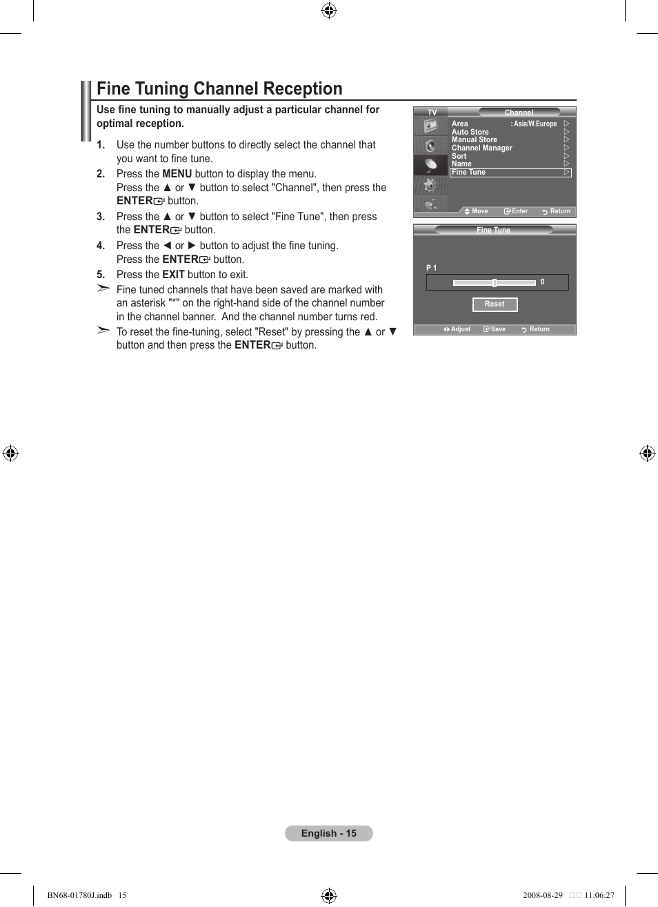 Fine tuning channel reception | Samsung BN68-01780J-00 User Manual | Page 17 / 79