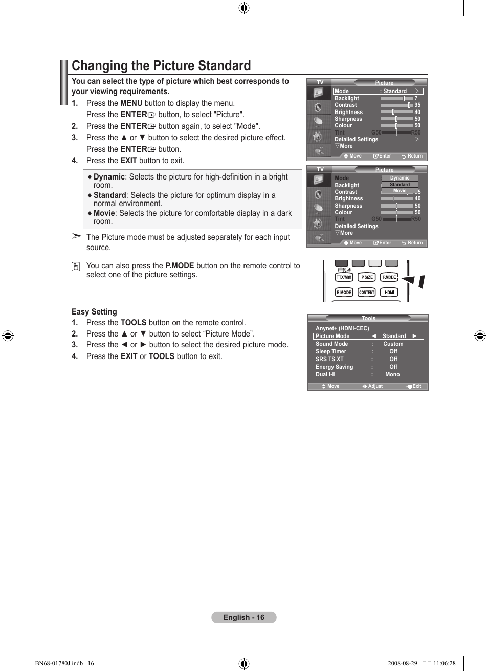 Setting the picture, Changing the picture standard | Samsung BN68-01780J-00 User Manual | Page 18 / 79
