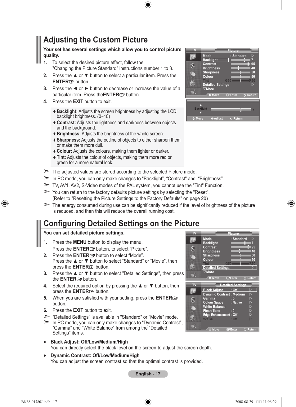 Adjusting the custom picture, Configuring detailed settings on the picture | Samsung BN68-01780J-00 User Manual | Page 19 / 79