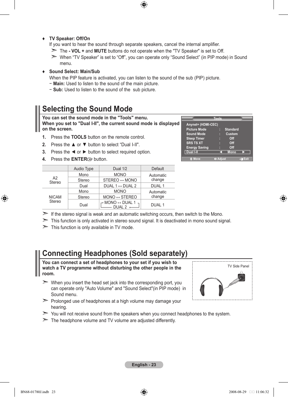 Selecting the sound mode, Connecting headphones (sold separately) | Samsung BN68-01780J-00 User Manual | Page 25 / 79