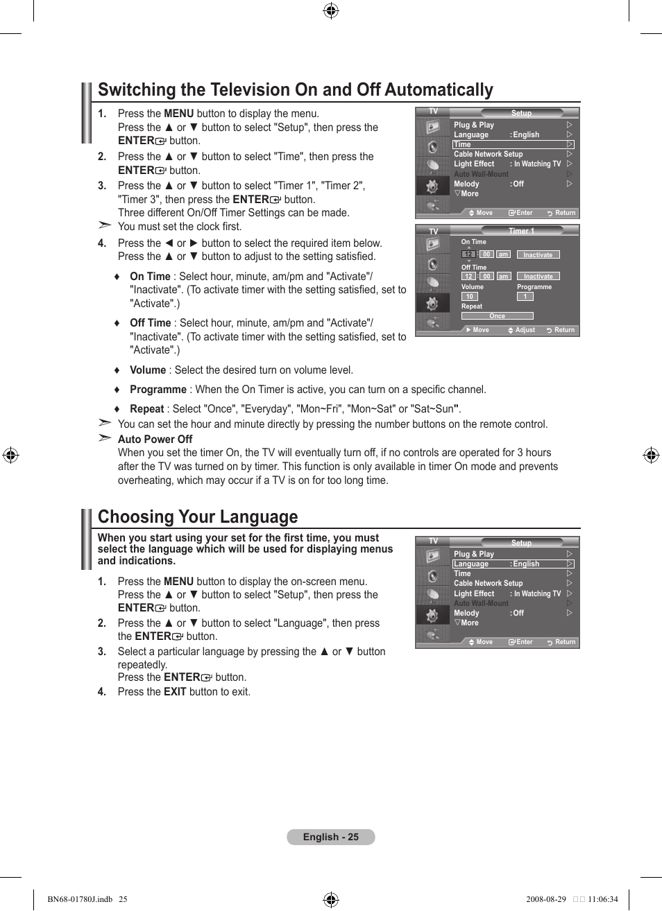 Switching the television on and off automatically, Function description, Choosing your language | Samsung BN68-01780J-00 User Manual | Page 27 / 79