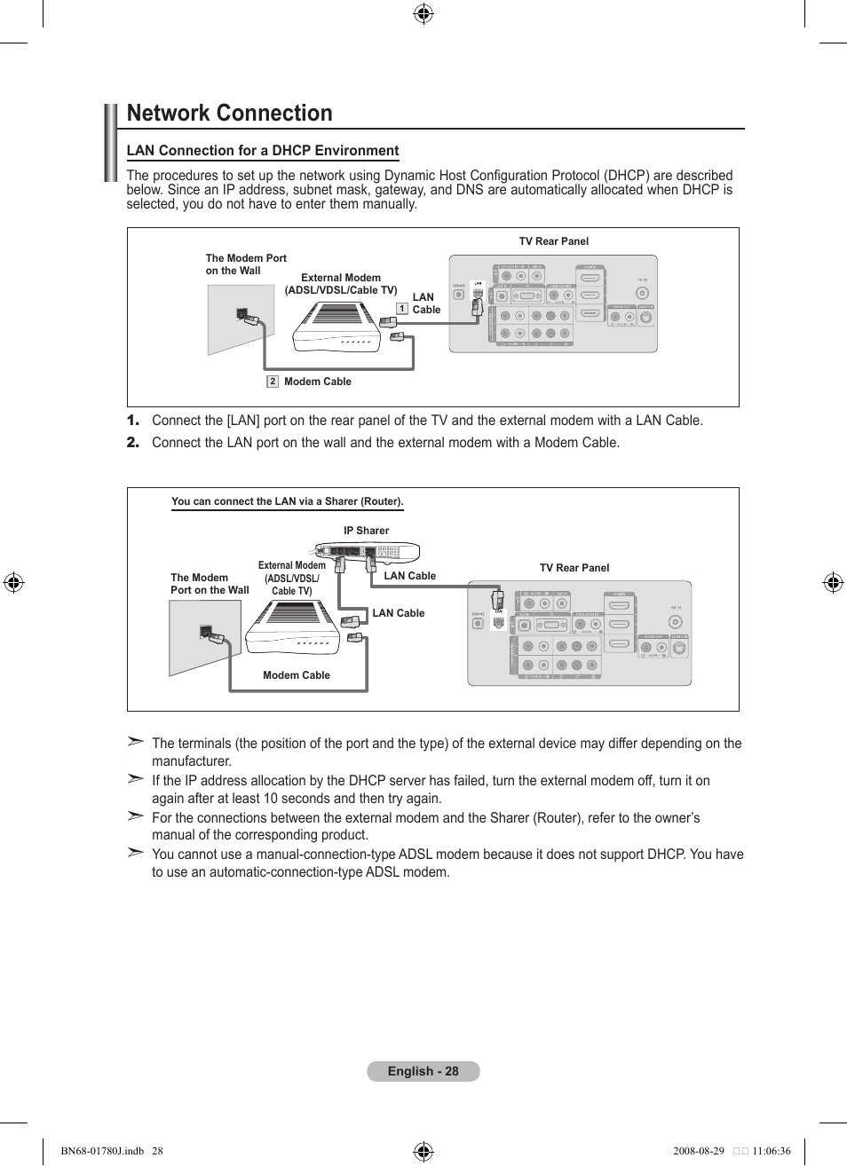 Network settings, Network connection | Samsung BN68-01780J-00 User Manual | Page 30 / 79