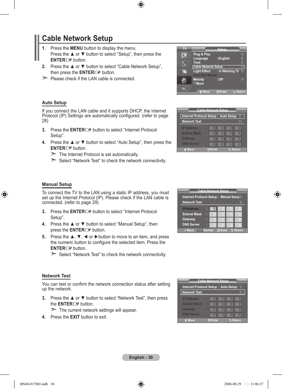 Cable network setup | Samsung BN68-01780J-00 User Manual | Page 32 / 79