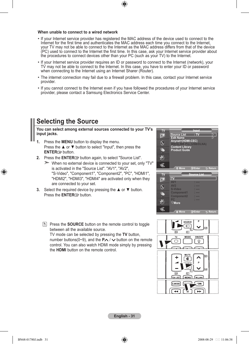 Selecting the source | Samsung BN68-01780J-00 User Manual | Page 33 / 79